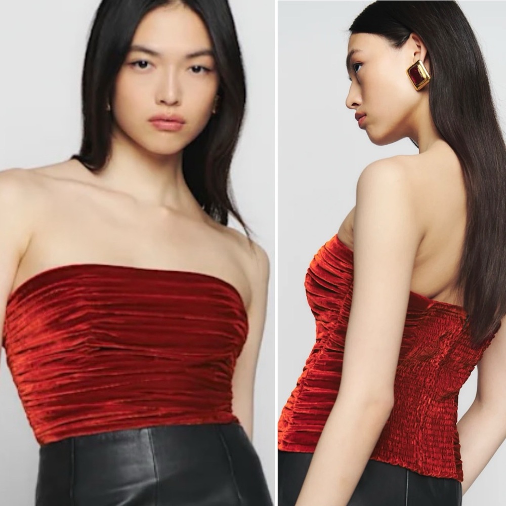 Reformation Addie Ruched Smocked Strapless Velvet Top in Blood Orange Size 4‎
